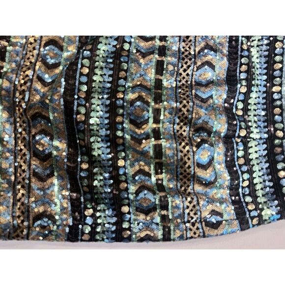 Precious Formals Sequin Mini Dress Sparkle Size 4 Blue Green Black Chunky Stones - Picture 2 of 10
